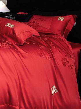 简约被红色100全s长绒棉四件套纯棉套棉床单结用ZMY婚陪嫁婚庆床