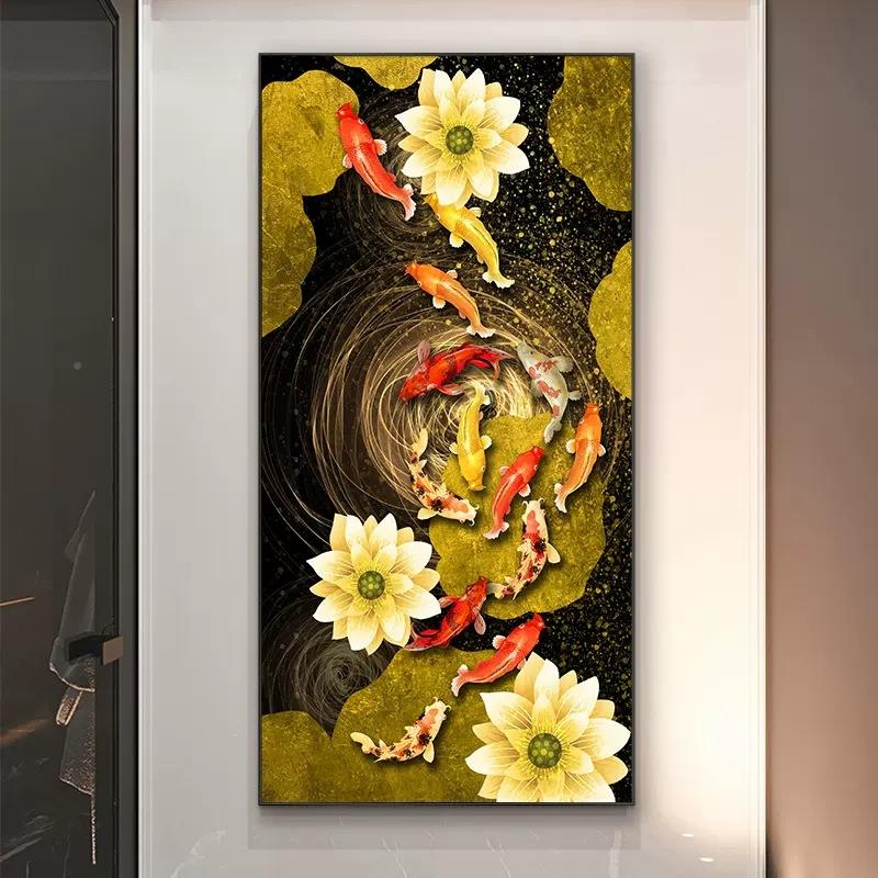 入户玄关装饰画现画代轻WWK奢走聚廊过画简约大气挂道九鱼财竖版