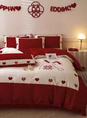 式婚庆大红色结婚四件套中婚床婚PRX床房单被新套婚喜被床上用品