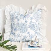 式 田园沙发靠枕荷KIL叶蓝色小清新花卉刺抱边枕棉布绣花绣靠法垫