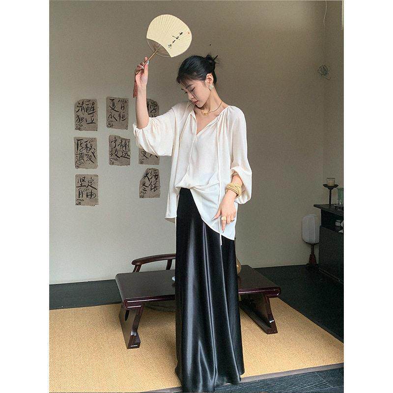 三半醋感酸缎垂显瘦qcbn2000小黑裙气质落地光泽感身长裙女面铅笔