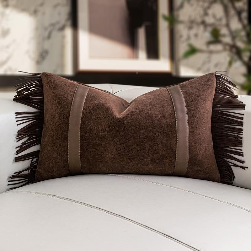 设复计师款轻奢古棕咖装色流苏枕套腰枕样板XDD间软靠枕背带款抱