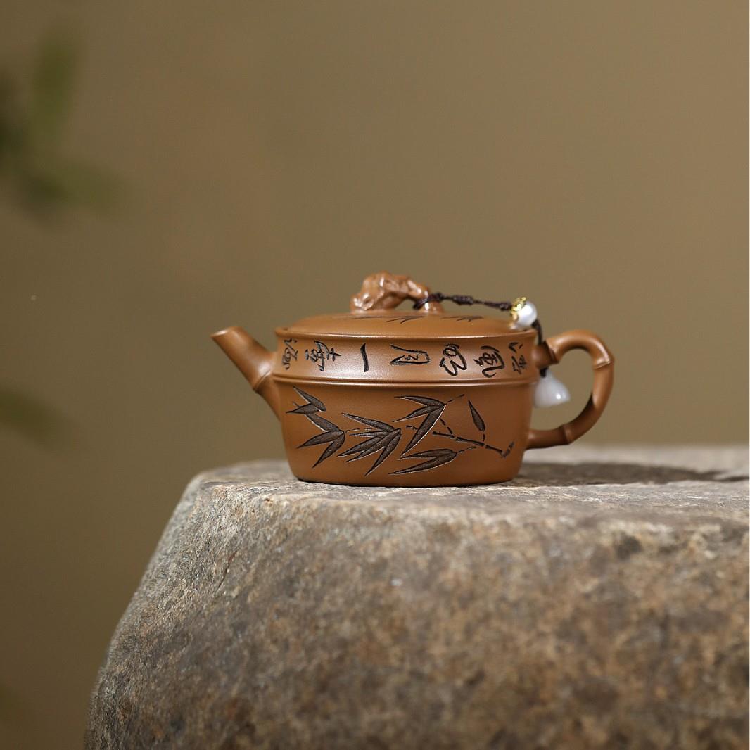 金宜兴紫砂壶匠手工制作原赤朱VVU泥太湖矿石竹影汉瓦茶人壶