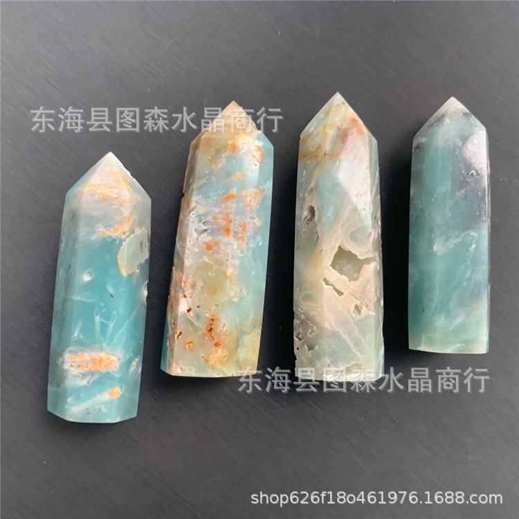水晶六棱柱天空蓝亚马逊单尖蓝色六棱柱居家办公装饰品