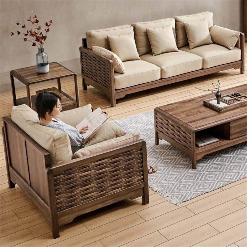 北美黑胡桃木实木沙发新中式真皮客厅组合现代简约三人小户型家具