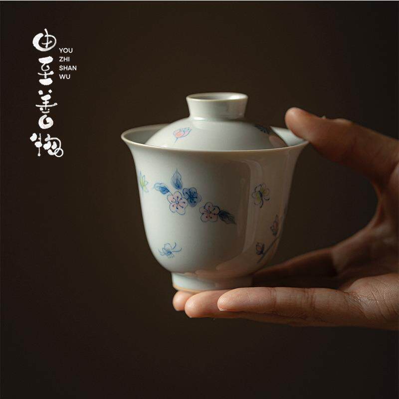 由至拟古青瓷手绘泣露盖碗泡茶杯两才茶碗陶瓷单手泡茶器不烫手