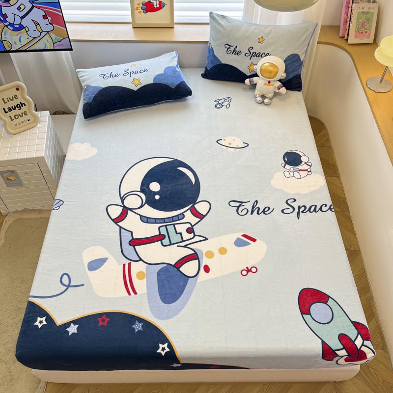 冬季卡通奶绒床笠三件套牛珊人瑚儿童床JN240828罩太空法兰绒床垫