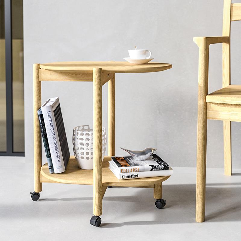 可移动实茶推车全日木活动边几非晚带轮白几橡木床头推桌式木质置