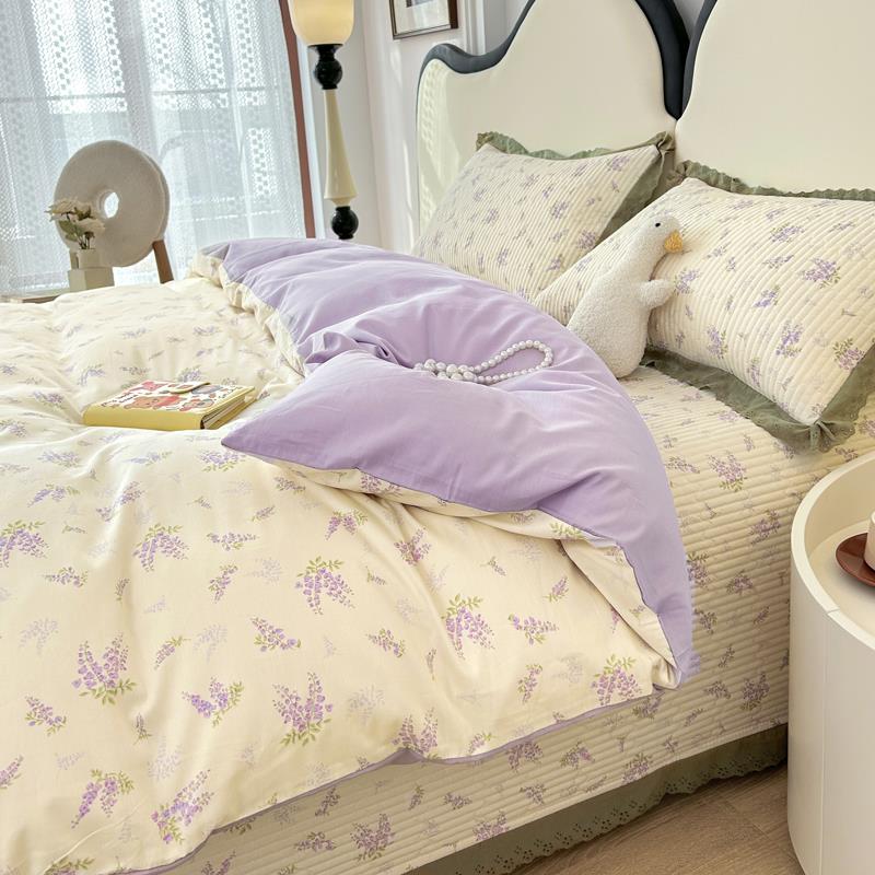 全棉夹棉床盖加厚小单清新紫色碎花三件式床组榻专OGK榻盖米用床