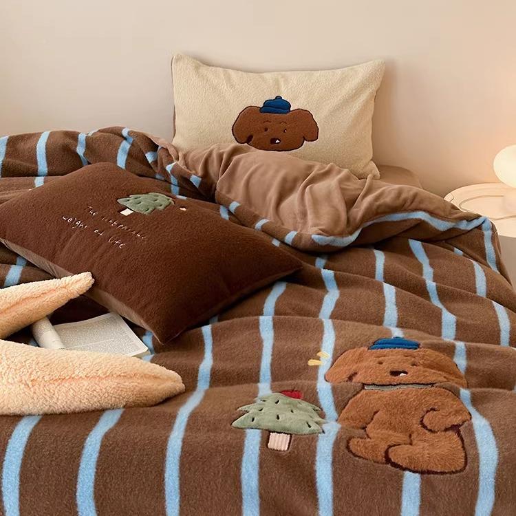 季保暖羊毛绒牛奶绒床单四件套卡冬通风刺绣双面SZB童套被床上用