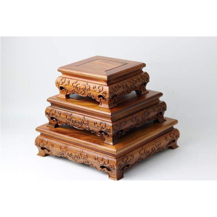 红木雕意长方形实花木底座佛像香炉如瓶花盆石LUM财神供奉头木制