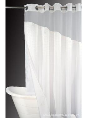 白色小方格拼接斜纱白纱带里帘电镀环浴帘出口透光双层浴帘