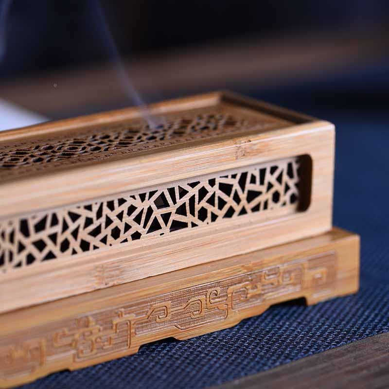 檀FOD楠竹卧香线香盒竹木制熏香镂炉复炉古空焚香炉卧式藏香香托