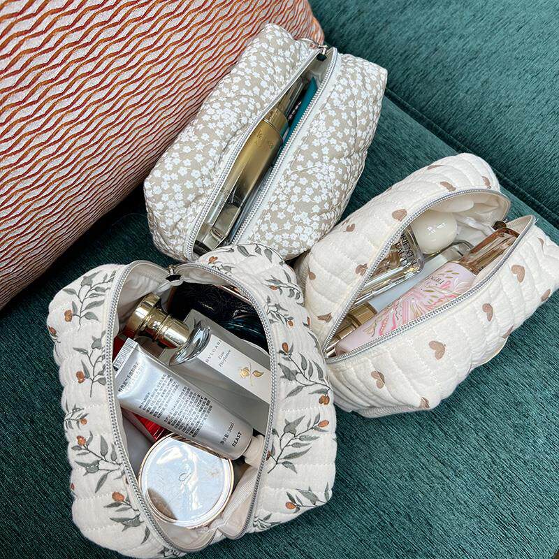美摘少功miucatch女可爱化妆包心灰色小花朵柔爱软棉布多式能可携