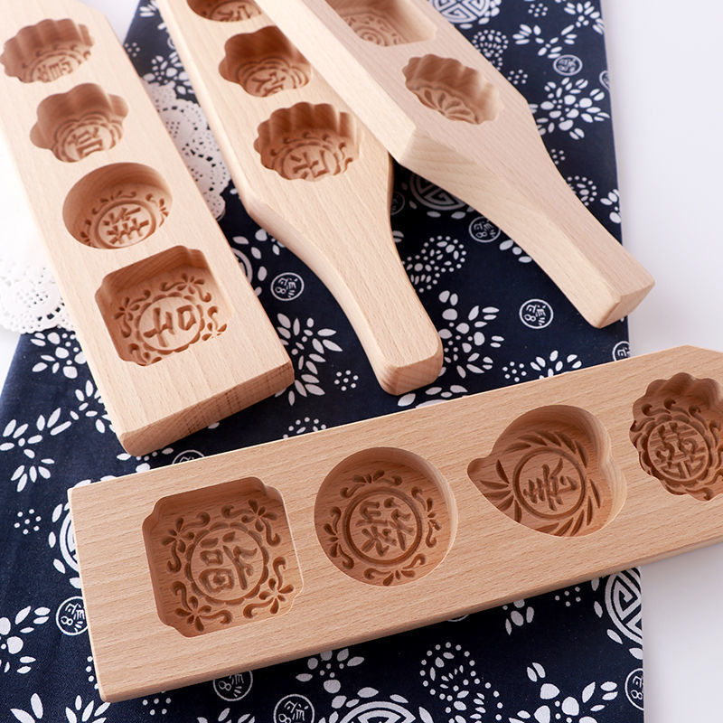 木制木质月饼模具年糕模子绿豆糕南瓜饼干馒头模板四孔带柄模具