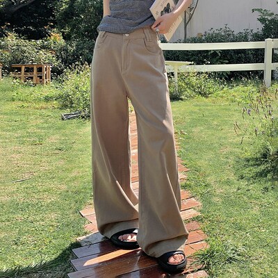 RJVO卡其色垂感牛仔裤女夏季新款宽松高腰拖地阔腿裤时尚直筒长裤