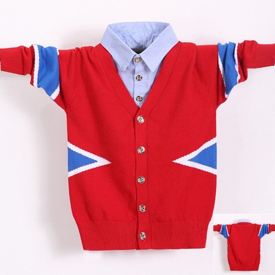 开衫秋冬薄款全棉男童针织童装中大童假两件打底衫纯棉毛衣衬衫领