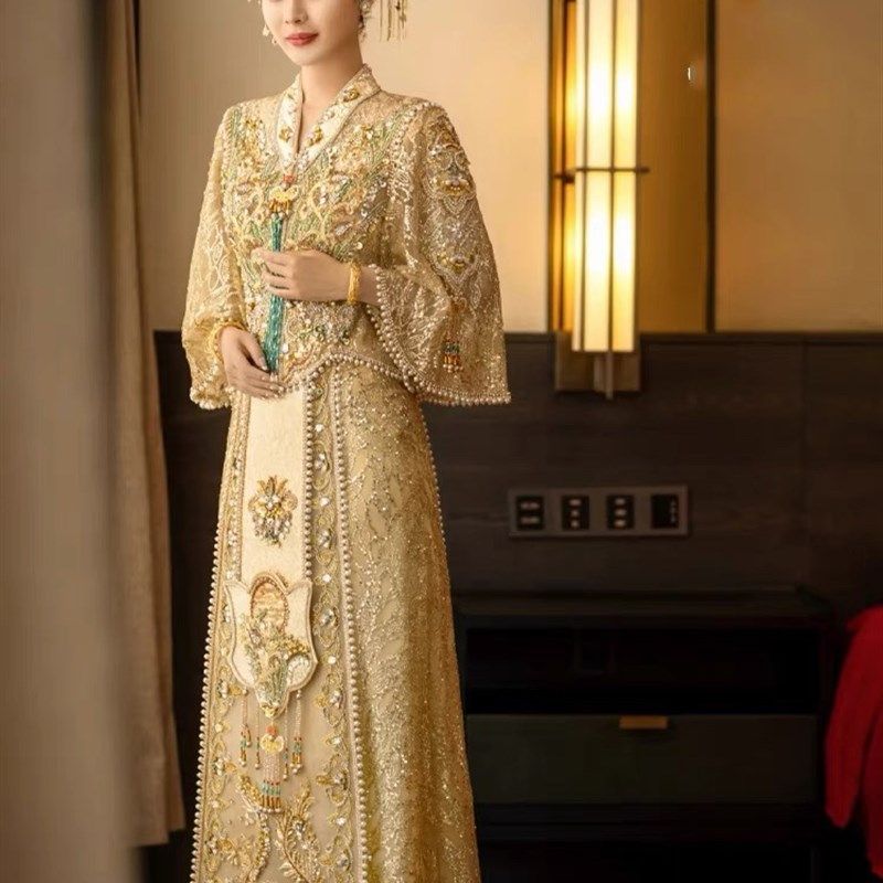 秀禾服新娘礼服2024年新款金色大码秀和敬酒夏款孕妇中式嫁衣婚服
