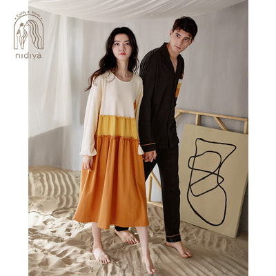 妮狄娅睡衣女士秋季纯棉长袖宽松拼接娃娃裙春秋男家居服套装