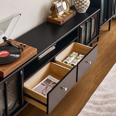 法式复古实木电视柜黑色客厅家用茶几组合柜家具高款中古风电视桌