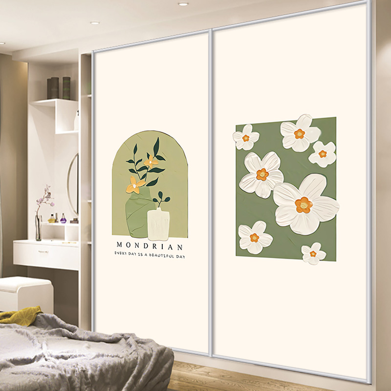 清新衣柜贴定做推拉移门玻璃膜翻新不透明自粘家具家用膜手绘花朵
