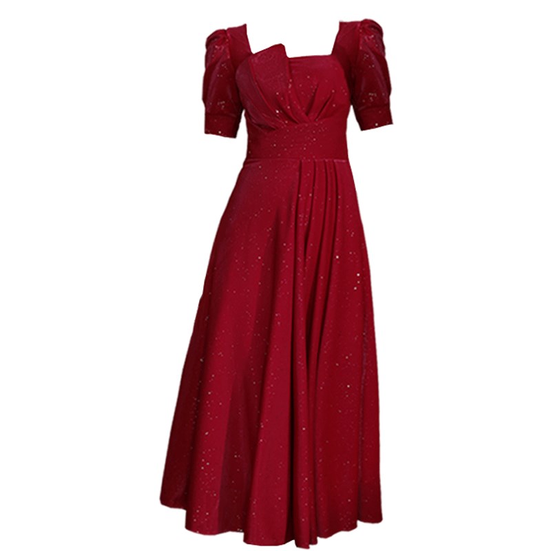 法式礼服轻奢红色方领短袖显瘦收腰小个子中长款新娘回门晚礼服