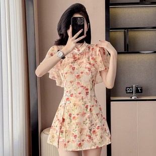 雪纺碎花连衣裙短裤 少女时尚 小个子两件套 女夏年轻款 旗袍改良套装