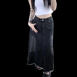 胖mm大码女装高腰毛边牛仔半身裙女黑色复古设计感显瘦A字中长裙