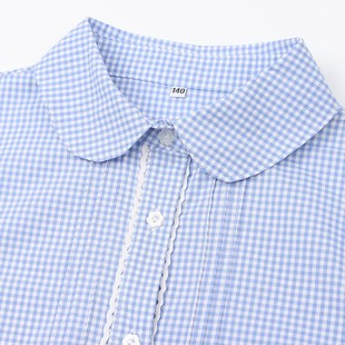 夏装纯棉短袖校服小学生女童蓝色格子浅蓝圆领初中生衬衫礼服班服