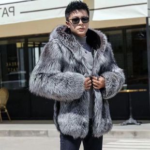 秋冬男款银狐毛连帽外套时尚休闲加厚保暖裘皮仿皮草大衣气质风衣