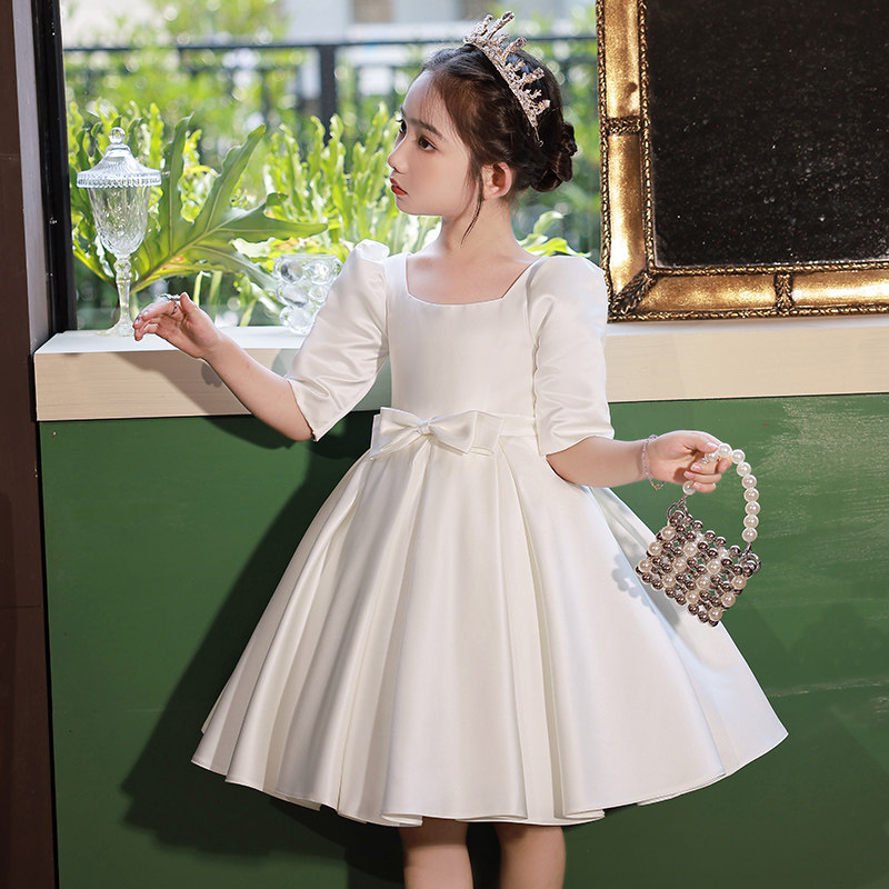 缎面红色花童小女孩高端礼服儿童主持人生日公主裙女童钢琴演出服