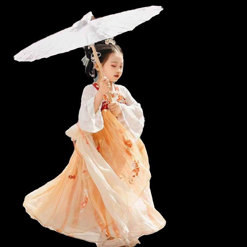 汉服女童唐宫美人古装中国风可爱公主连衣裙夏季橘色儿童节演出服