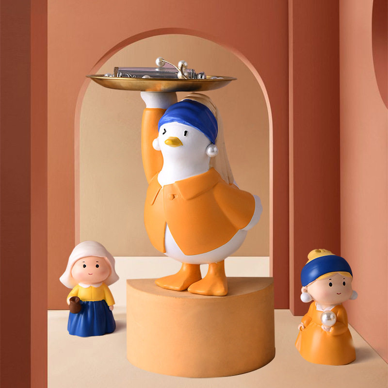 创意家居客厅玄关糖果钥匙托盘装饰品时尚个性珍珠少女鸭收纳摆件