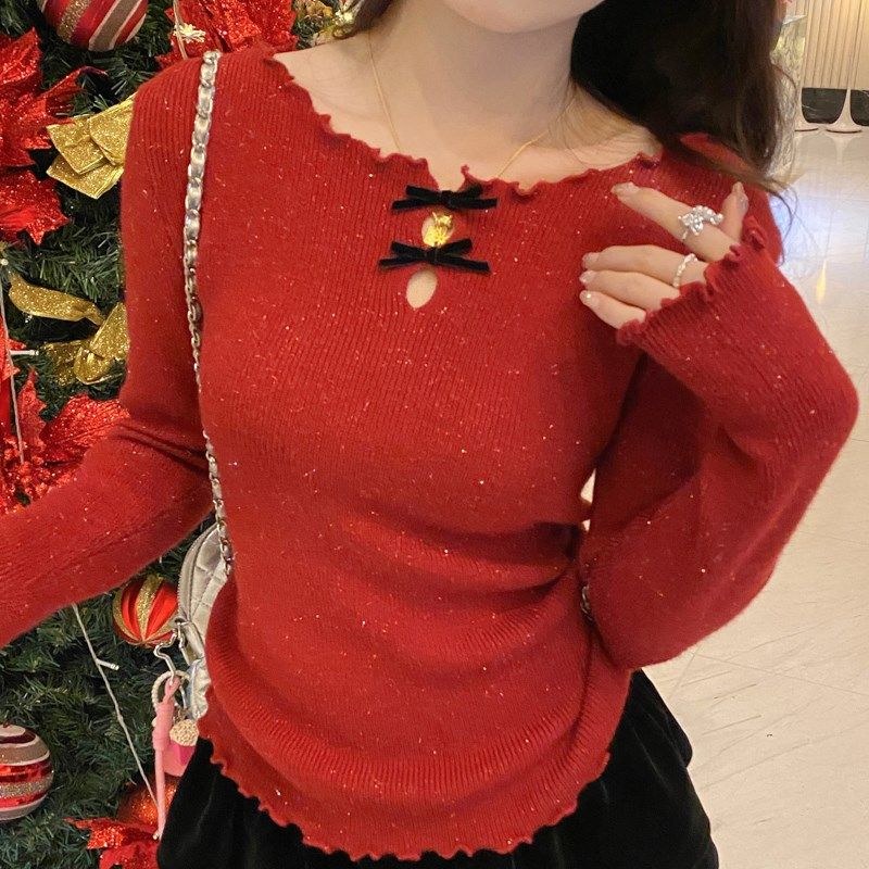 红色圆领针织打底衫女内搭修身2025秋冬新款木耳边毛衣高级感上衣