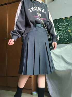 大码灰色百褶裙秋冬女复古高腰包臀微胖m百搭显瘦a字半身裙中长裙