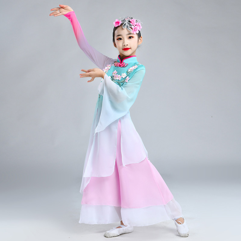 新款儿童古典舞演出服女童飘逸中国舞扇子舞伞舞秧歌舞蹈表演服装