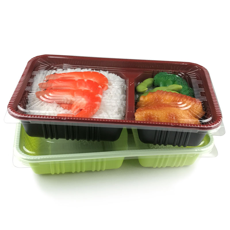 一次性餐盒子快餐外卖打包盒两格饭盒红黑绿白分格餐盒500只包邮