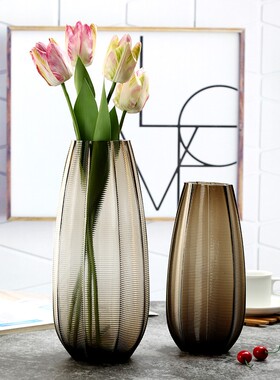 跳舞兰百合玫瑰富贵竹花瓶摆件灰色玻璃客厅台面透明插花水培大号