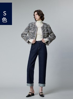 Ls蓝色家7067女士牛仔裤复古深蓝高腰直筒翻边设计宽松显瘦裤子女