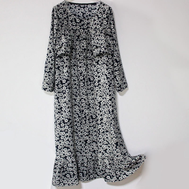 双层荷叶边棉绸睡裙防走光超长款及踝连衣裙真丝绵绸人棉睡衣女秋