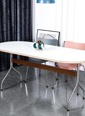 简椭型办公长桌家书用多功能48227实木餐桌现代约不锈钢洽圆谈桌