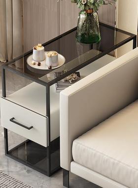 意式质极简沙简发边柜现代约NUZ厅侧边皮储物柜小型轻奢客玻璃边
