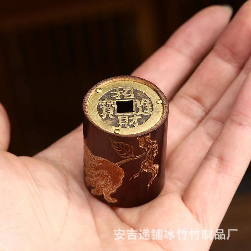 老煤竹铜钱盖置手工雕刻竹制紫砂壶盖架托茶盖搁小茶2023224子具
