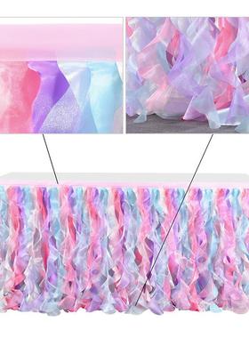 HTS10双层桌碎布议柳条tut裙u纱台裙会台布婚礼甜品台桌幔派装饰