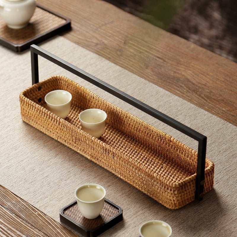 新中式越南藤编水铁面艺ZWV提篮茶点果盘面包果篮桌纳收筐复古托