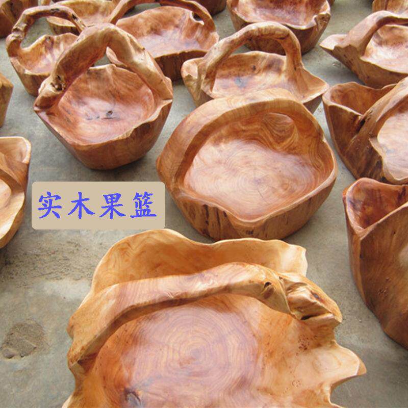实木根雕木果篮果盘菜然整JEE体树根雕杉刻天木制手提果篮盆