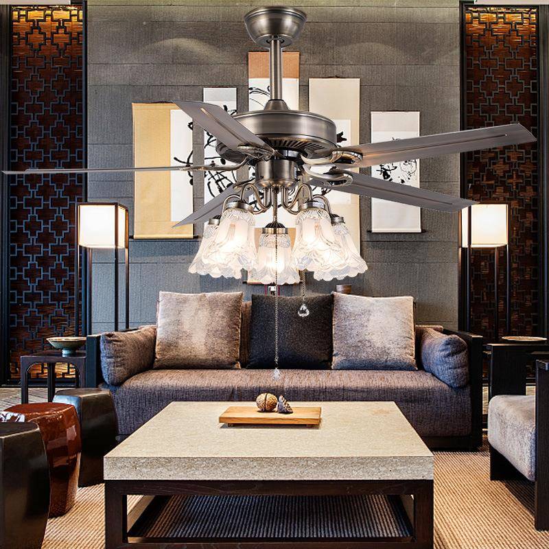 美式扇灯铁五叶浪乡村吊扇家用客厅卧室工业风吊铁叶木叶欧式复古
