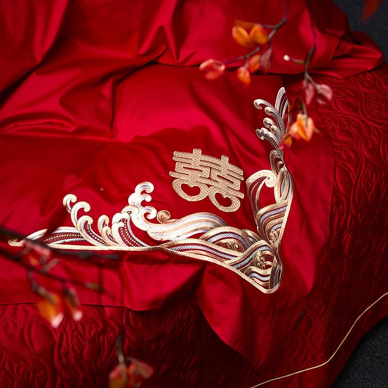 10双股长绒棉婚S庆四件套棉GDS-婚庆结全婚大红中式刺绣0纯棉套件