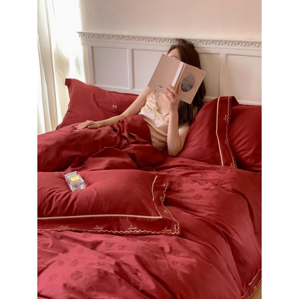 简约浪1漫玫瑰提红XEE色1结婚庆00支长绒棉纯棉四件套喜被床品花.