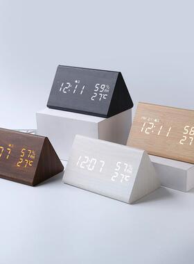 时日式能电电波钟自动效IAG温湿度木质时钟LED数字德国智波创意闹